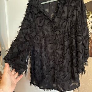 SHEIN Black Ruffled Notched Collar Blouse
